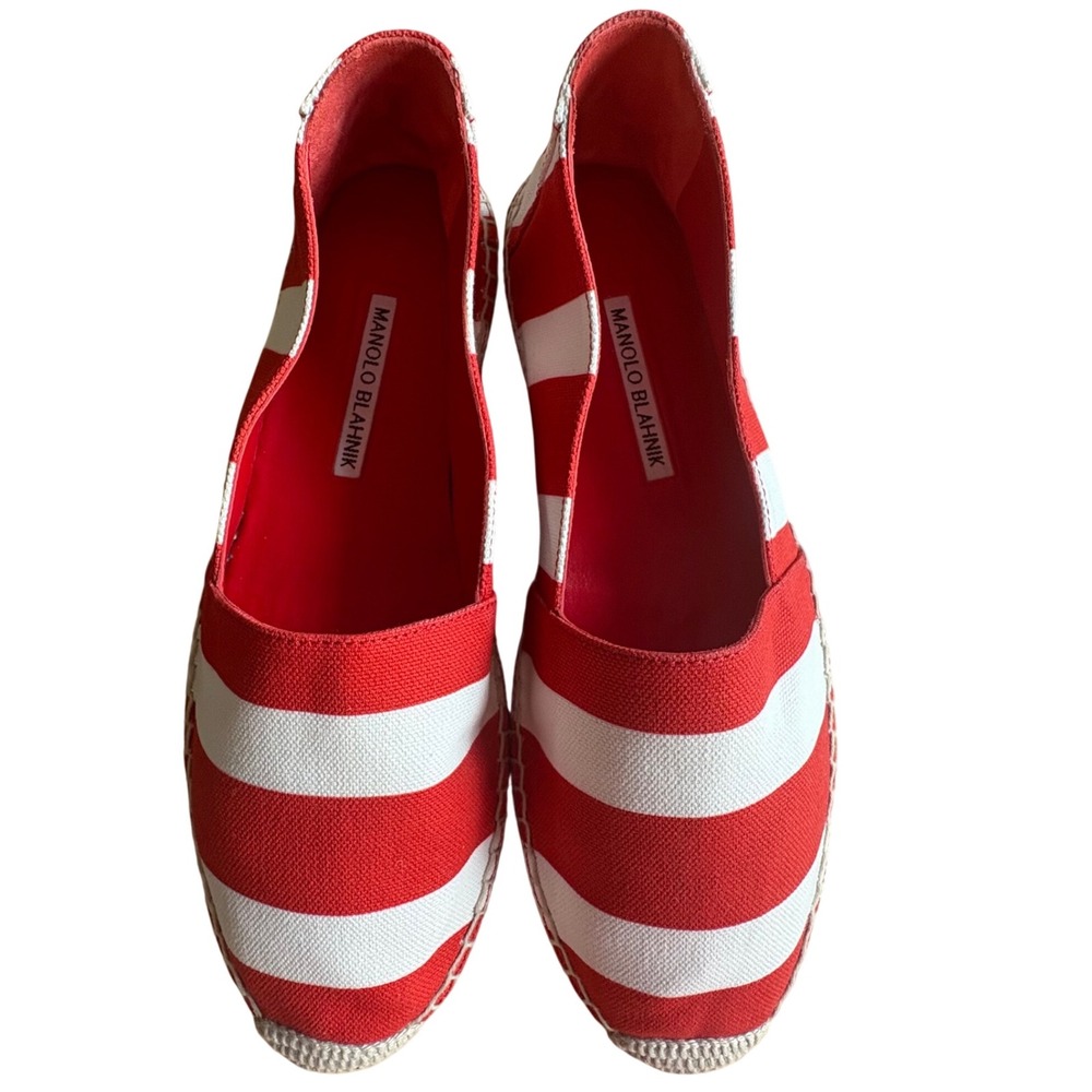 $645‎ MANOLO BLAHNIK Sombrille Canvas Espadrille Red White Stripe Shoe US7/EU37
